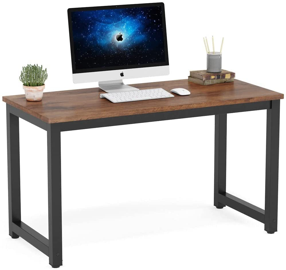 Rustic Brown Computer Desk with Metal Legs and Spacious Desktop