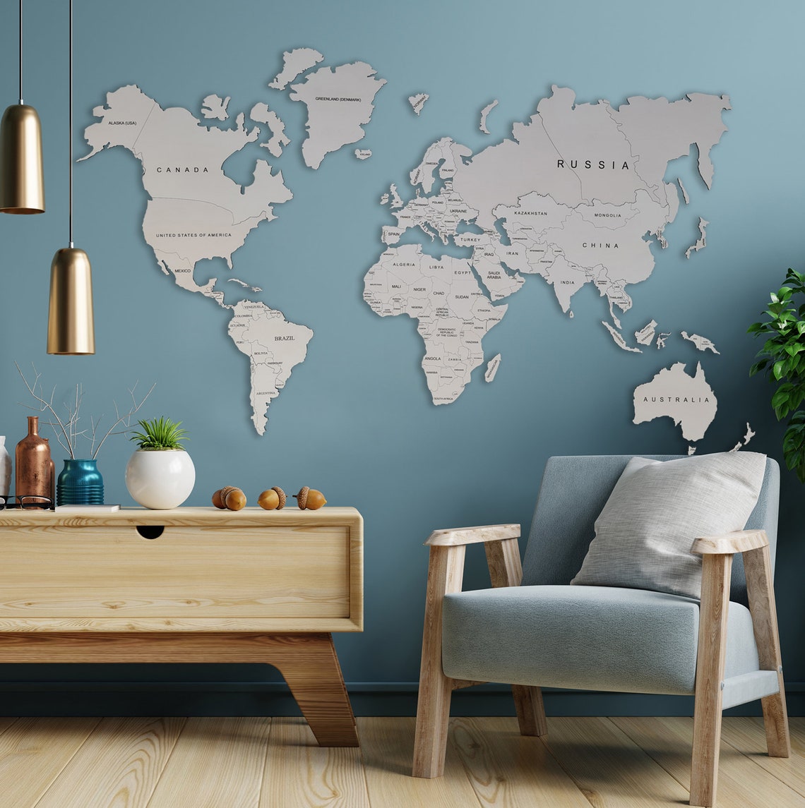 Wooden World Map White Rustic Wall Art Home Decor Travel Map Wood Gift